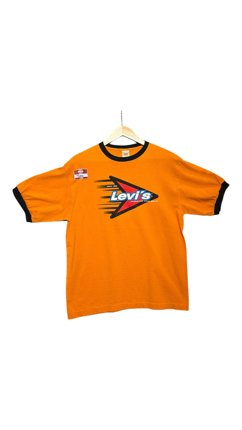 OutOf10 vintage-inspired orange cotton ringer t-shirt with a retro Levi's graphic logo and black trim on sleeves