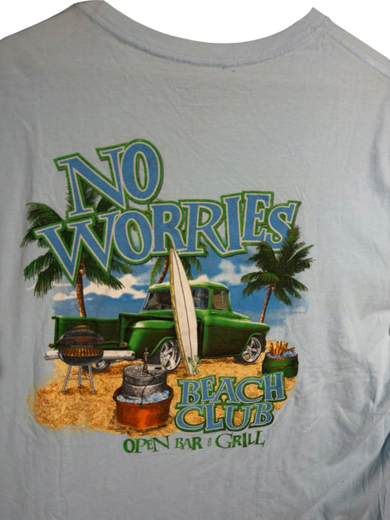OutOf10 light blue graphic t-shirt featuring a No Worries Beach Club print with a green truck, surfboards, and palms