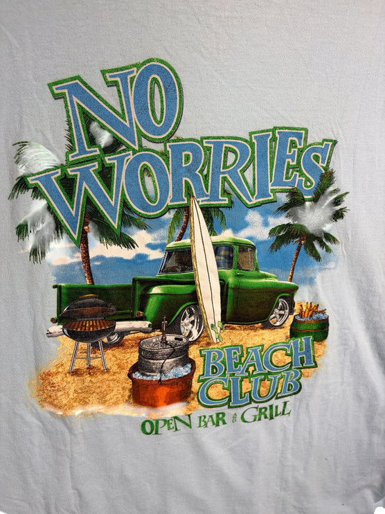 OutOf10 light blue cotton t-shirt featuring a vintage truck, surfboard, and beach grill graphic on the back.