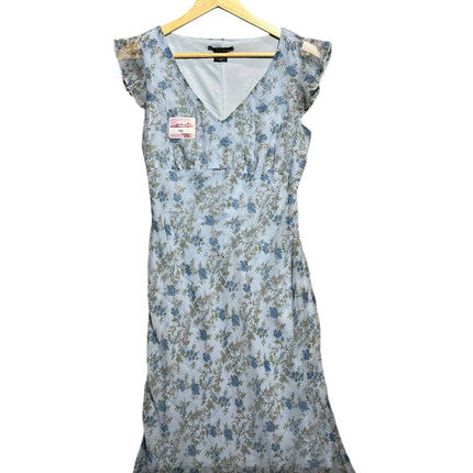 OutOf10 light blue floral midi dress with V-neckline and flutter sleeves, crafted from lightweight polyester fabric.