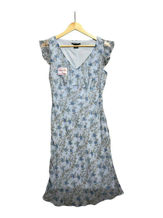 OutOf10 light blue floral midi dress with V-neckline and flutter sleeves, crafted from lightweight polyester fabric.