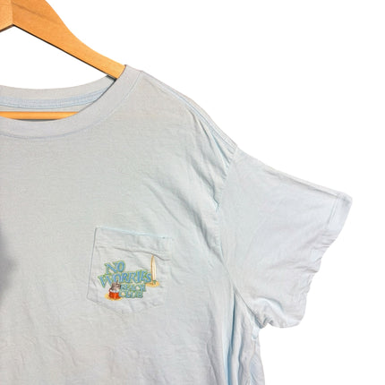 OutOf10 light blue short sleeve t-shirt with a No Worries Beach Club graphic on the front chest pocket.