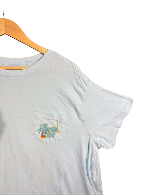 OutOf10 light blue short sleeve t-shirt with a No Worries Beach Club graphic on the front chest pocket.