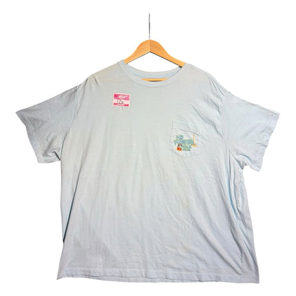 OutOf10 light blue short sleeve graphic pocket t-shirt with No Worries Beach Club logo on the chest pocket