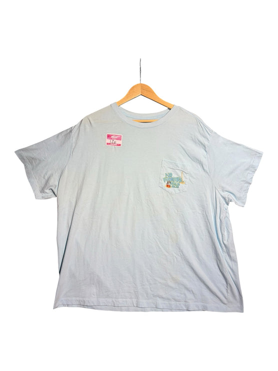 OutOf10 light blue short sleeve graphic pocket t-shirt with No Worries Beach Club logo on the chest pocket