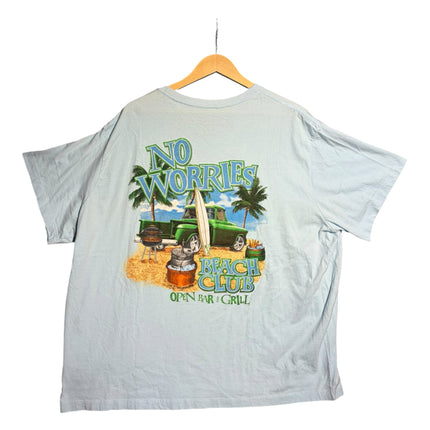 OutOf10 light blue graphic t-shirt featuring a No Worries Beach Club print with a green truck and palm trees on back