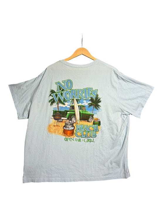 OutOf10 light blue graphic t-shirt featuring a No Worries Beach Club print with a green truck and palm trees on back