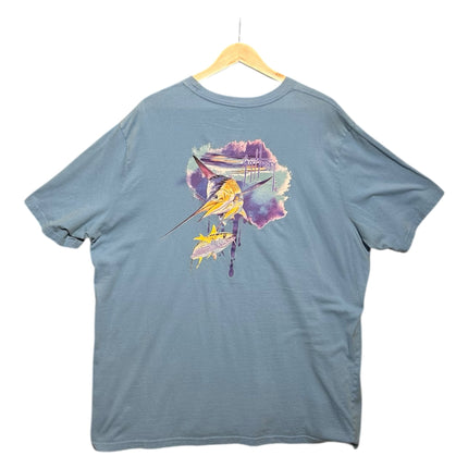 OutOf10 light blue cotton t-shirt featuring a vibrant marlin and tuna graphic print on the back