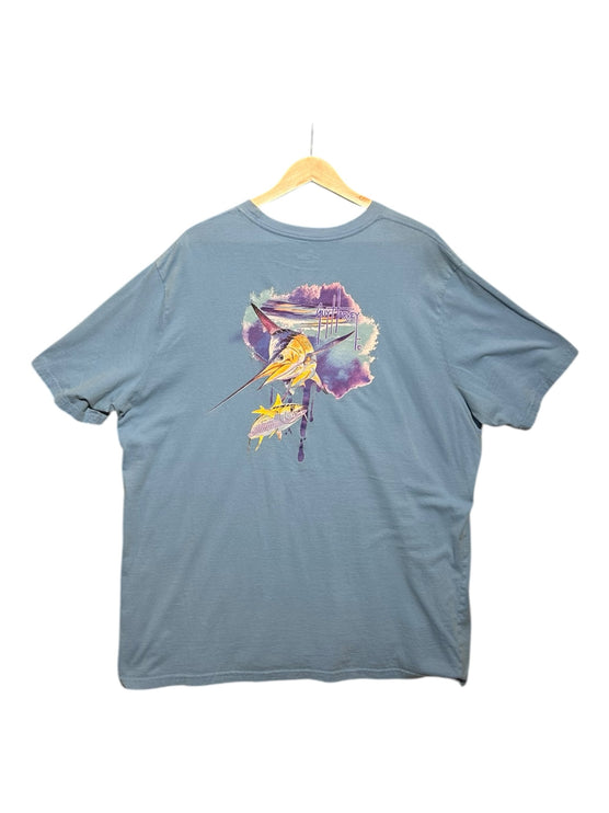 OutOf10 light blue cotton t-shirt featuring a vibrant marlin and tuna graphic print on the back