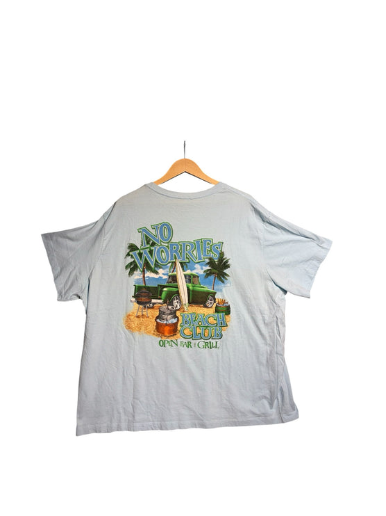 OutOf10 light blue cotton t-shirt featuring a vintage beach truck graphic print on the back