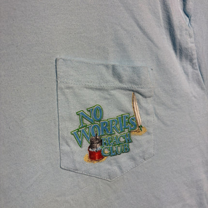 OutOf10 light blue cotton t-shirt featuring an embroidered No Worries Beach Club logo on the chest pocket
