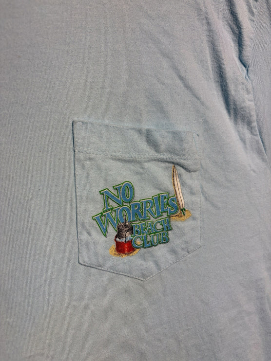 OutOf10 light blue cotton t-shirt featuring an embroidered No Worries Beach Club logo on the chest pocket