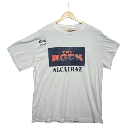 OutOf10 light grey cotton crewneck t-shirt featuring a vintage The Rock Alcatraz graphic in red and navy