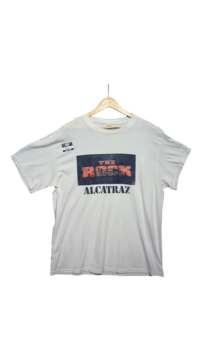OutOf10 light grey cotton crewneck t-shirt featuring a vintage The Rock Alcatraz graphic in red and navy