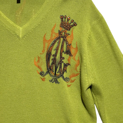 OutOf10 lime green Christian Audigier V-neck knit sweater with a rhinestone-embellished crown and monogram logo