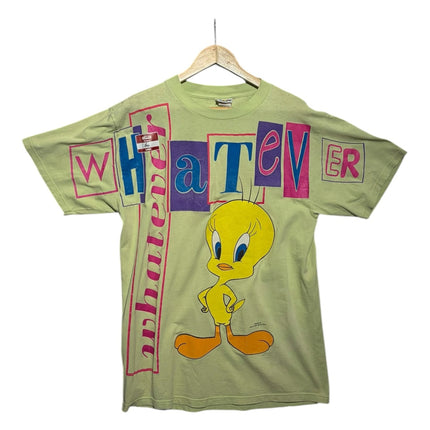 OutOf10 lime green cotton t-shirt featuring a Tweety Bird graphic and multi-coloured WHATEVER text print.