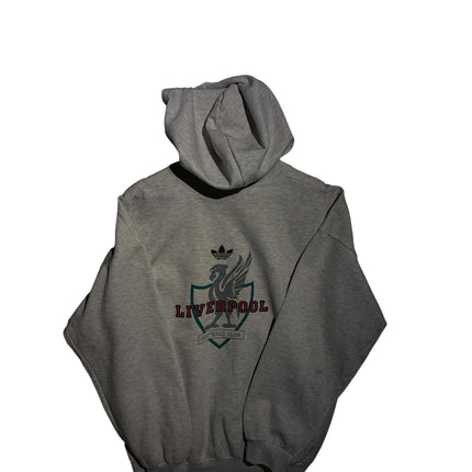 OutOf10 heather grey Liverpool FC hoodie by adidas featuring a vintage club crest and trefoil logo on the back