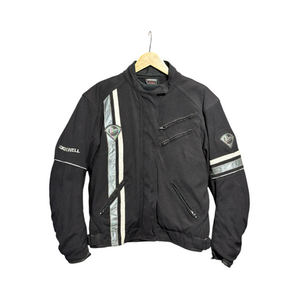 OutOf10 black LOCKWELL motorcycle jacket with reflective stripes, mandarin collar, and zippered pockets on a hanger.