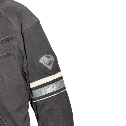 OutOf10 LOCKWELL black textile motorcycle jacket sleeve with reflective detailing and brand logo patch