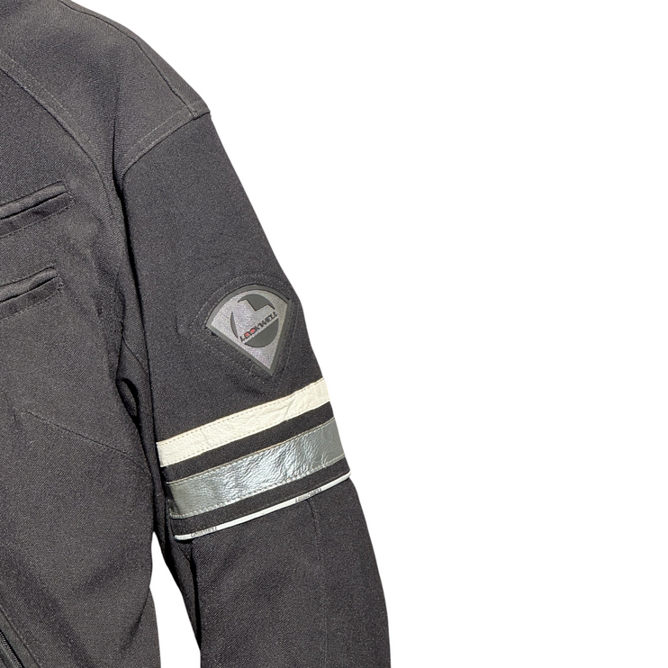 OutOf10 LOCKWELL black textile motorcycle jacket sleeve with reflective detailing and brand logo patch