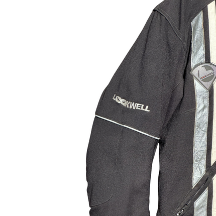 OutOf10 LOCKWELL black textile motorcycle jacket sleeve with reflective detailing and embroidered branding
