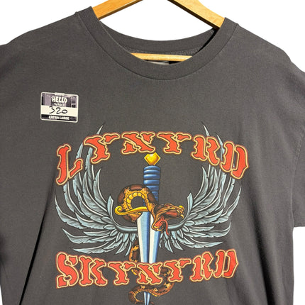 OutOf10 charcoal grey Lynyrd Skynyrd cotton t-shirt with vintage dagger, serpent, and wing graphic print