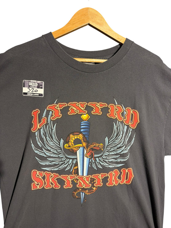 OutOf10 charcoal grey Lynyrd Skynyrd cotton t-shirt with vintage dagger, serpent, and wing graphic print