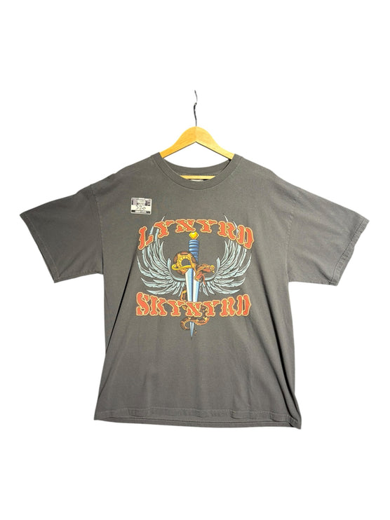 OutOf10 charcoal grey Lynyrd Skynyrd vintage graphic t-shirt featuring a dagger, serpent, and wings design.
