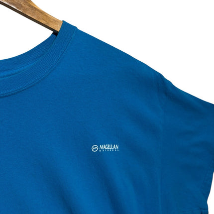 OutOf10 Magellan Outdoors blue crewneck t-shirt with a small white chest logo on a wooden hanger