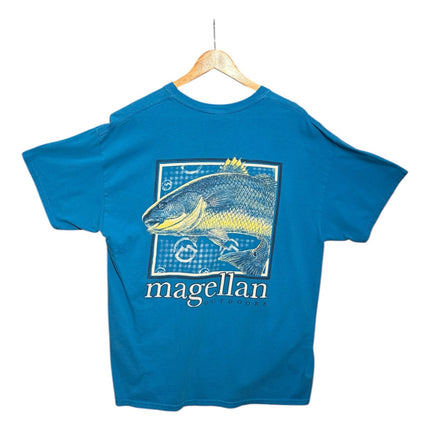 OutOf10 blue Magellan Outdoors graphic t-shirt featuring a detailed fish illustration on the back