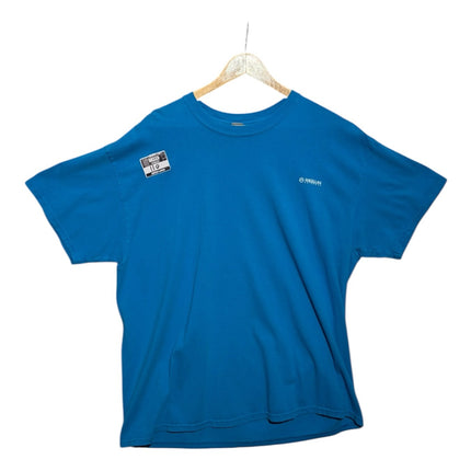 OutOf10 blue Magellan Outdoors short sleeve crewneck t-shirt with small chest logo on a wooden hanger