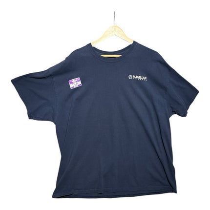OutOf10 navy blue Magellan Outdoors crew neck t-shirt with front chest logo on a wooden hanger