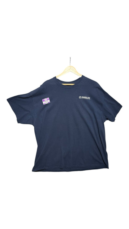 OutOf10 navy blue Magellan Outdoors crew neck t-shirt with front chest logo on a wooden hanger