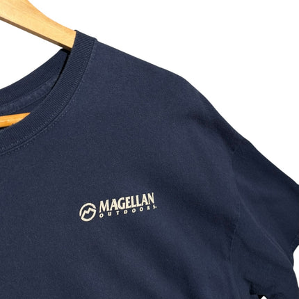 OutOf10 Magellan Outdoors navy blue crew neck t-shirt with a small white logo on the chest hanging on a hanger
