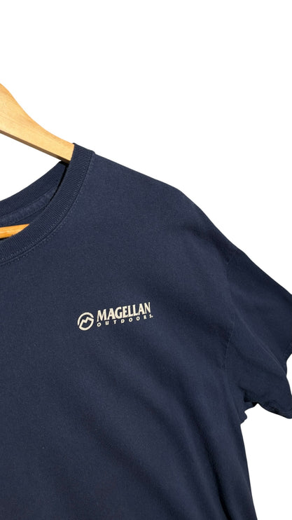 OutOf10 Magellan Outdoors navy blue crew neck t-shirt with a small white logo on the chest hanging on a hanger