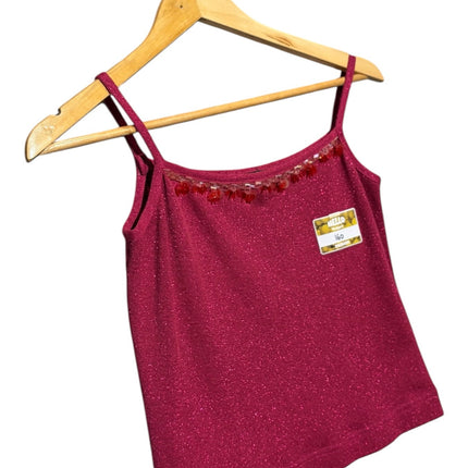 OutOf10 deep magenta shimmer camisole with spaghetti straps, square neckline, and beaded trim on a wooden hanger.
