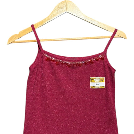 OutOf10 deep magenta shimmer camisole with spaghetti straps and beaded trim detail on a wooden hanger.