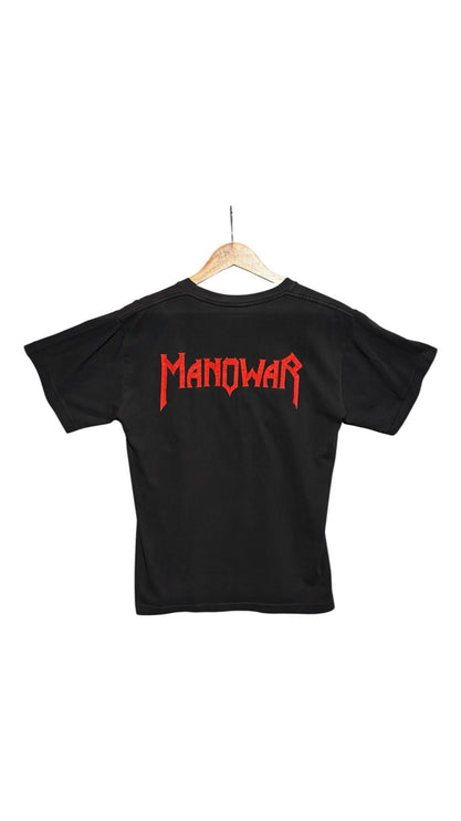 Back view of OutOf10 black cotton Manowar band t-shirt featuring a red logo graphic on a wooden hanger.