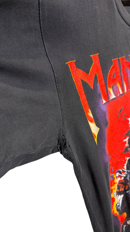 OutOf10 vintage black cotton Manowar band t-shirt with graphic print and visible underarm repair detail