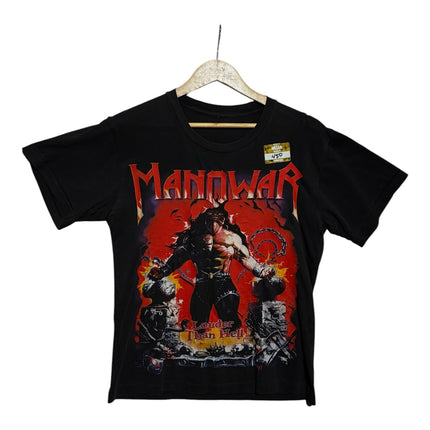 OutOf10 vintage black cotton Manowar Louder Than Hell graphic band t-shirt with fiery red and orange print