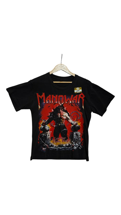OutOf10 vintage black cotton Manowar Louder Than Hell graphic band t-shirt with fiery red and orange print