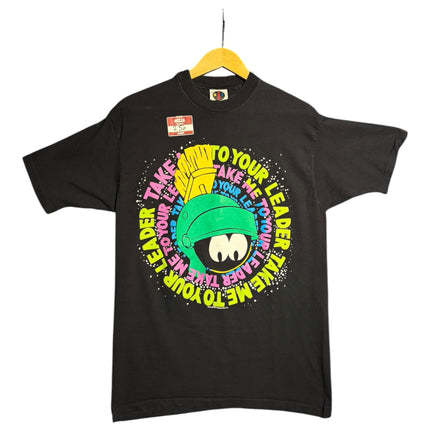 OutOf10 black crewneck t-shirt featuring a vibrant Marvin the Martian graphic with neon text on a hanger