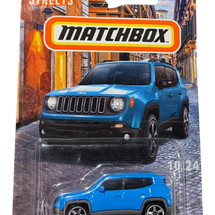 OutOf10 Matchbox 2019 Jeep Renegade blue diecast toy car in original European Streets packaging