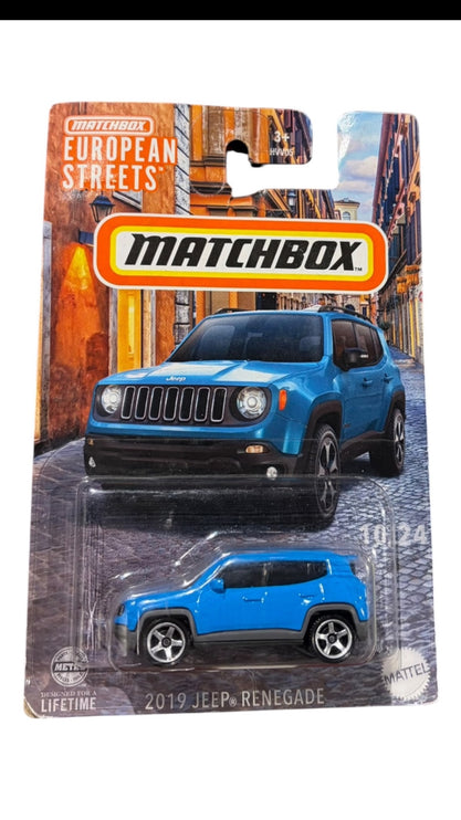 OutOf10 Matchbox 2019 Jeep Renegade blue diecast toy car in original European Streets packaging