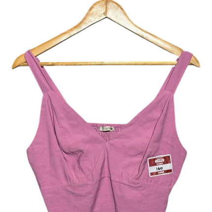 OutOf10 mauve pink sleeveless cropped tank top with a V-neckline and wide straps, displayed on a wooden hanger.