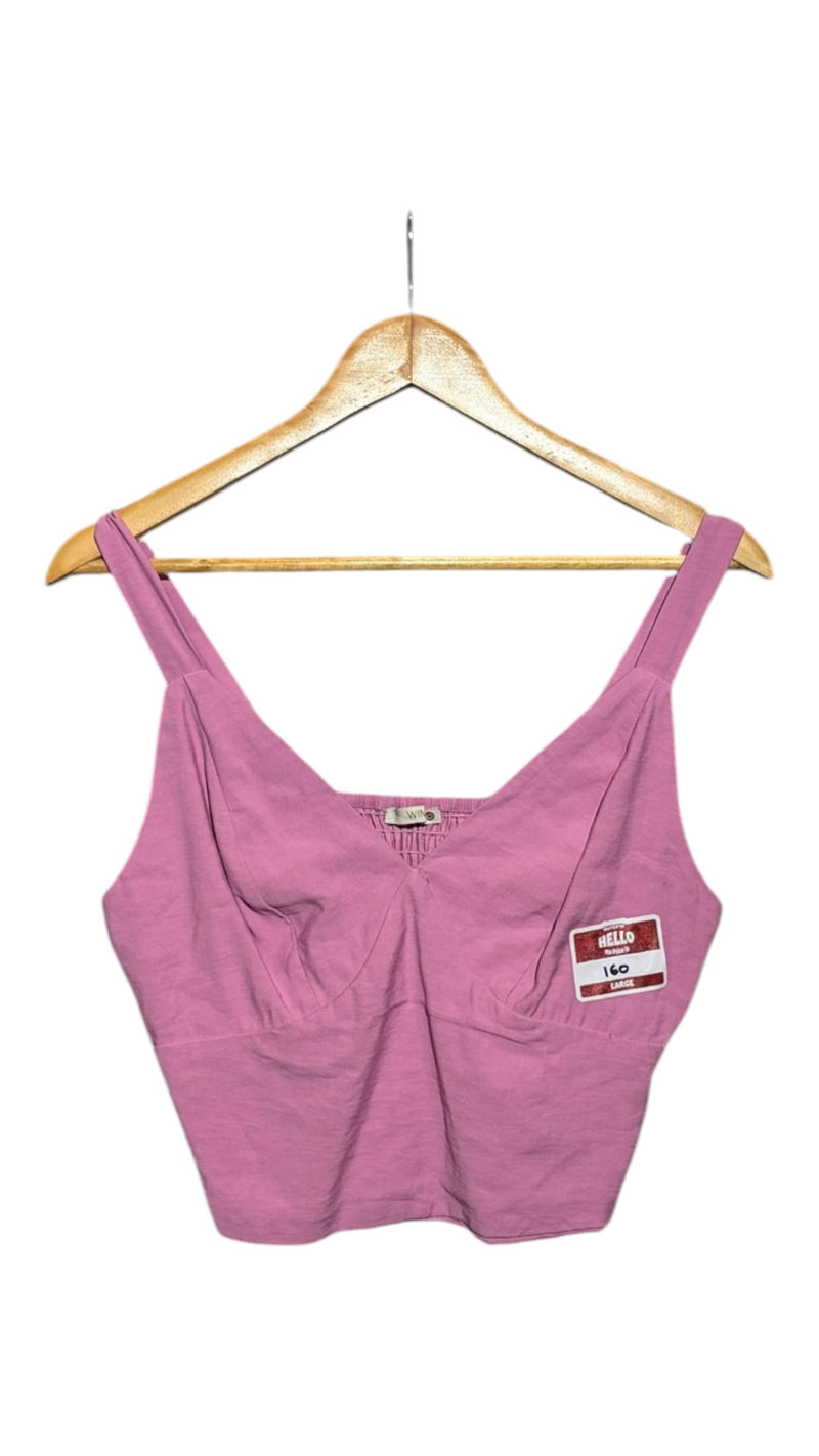 OutOf10 mauve pink sleeveless cropped tank top with a V-neckline and wide straps, displayed on a wooden hanger.