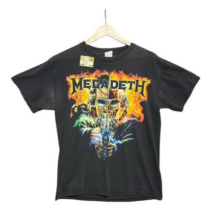 OutOf10 black vintage Megadeth band t-shirt featuring a Vic Rattlehead graphic with flames on soft cotton fabric