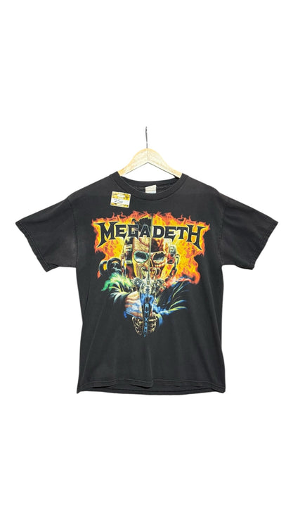 OutOf10 black vintage Megadeth band t-shirt featuring a Vic Rattlehead graphic with flames on soft cotton fabric