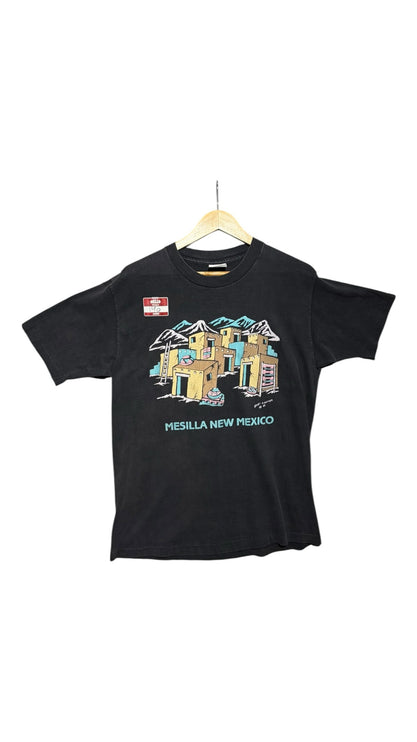 OutOf10 black short sleeve t-shirt featuring a vintage Mesilla New Mexico adobe architecture graphic print