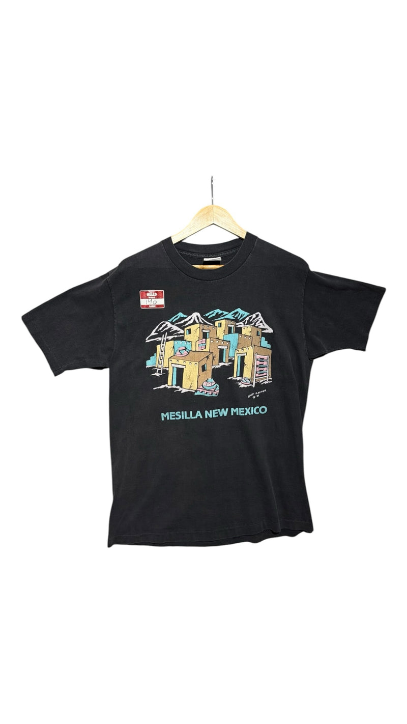 OutOf10 black short sleeve t-shirt featuring a vintage Mesilla New Mexico adobe architecture graphic print